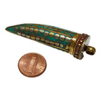 1 Pendant - Long turquoise inlaid Tibetan horn shape Brass pendant with dotted brass inlays from Nepal - PM255A