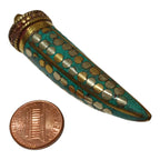 1 Pendant - Long turquoise inlaid Tibetan horn shape Brass pendant with dotted brass inlays from Nepal - PM255A