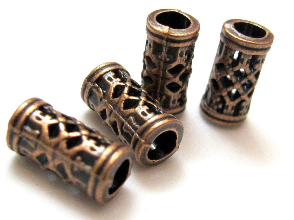 4 Beads-Copper tone metal tube weave design beads- BD182