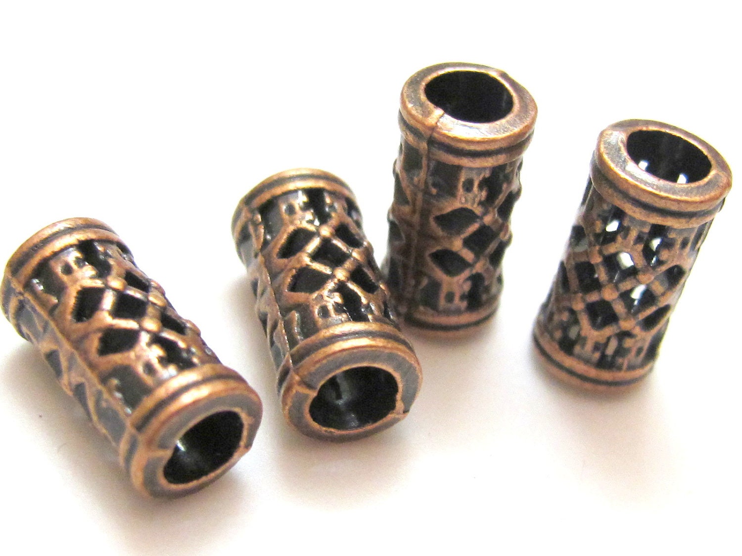 4 Beads-Copper tone metal tube weave design beads- BD182