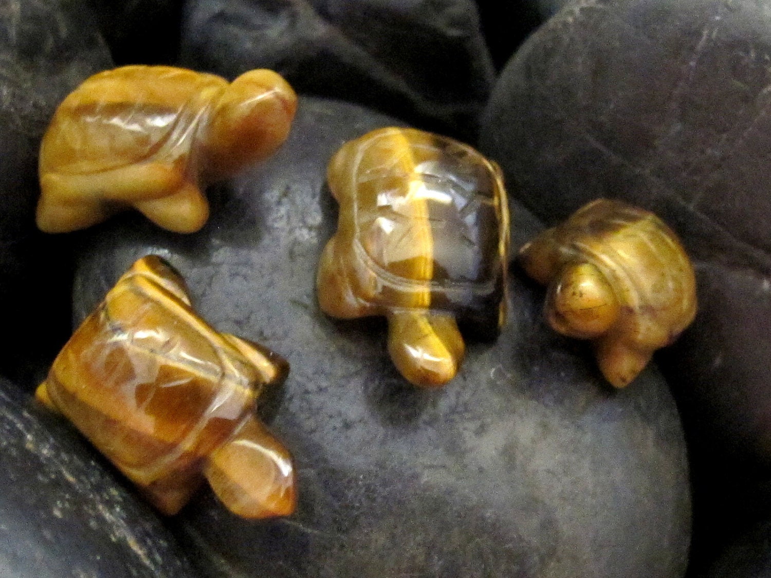 2 beads - Carved Turtle charm beads Tigers eye natural gemstone - GM005
