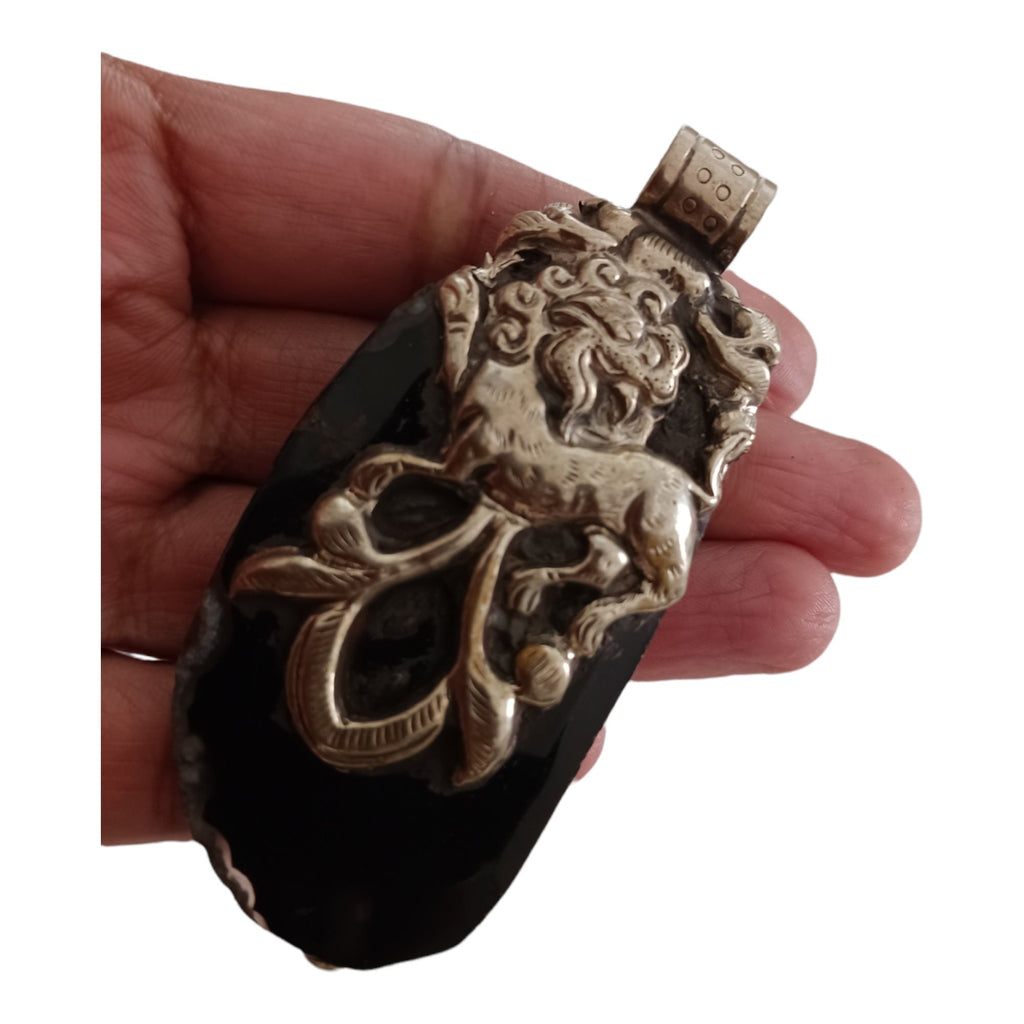 Unique OOAK Beautiful large freeform Tibetan dragon design agate gemstone pendant with deer reversible design - PM206F