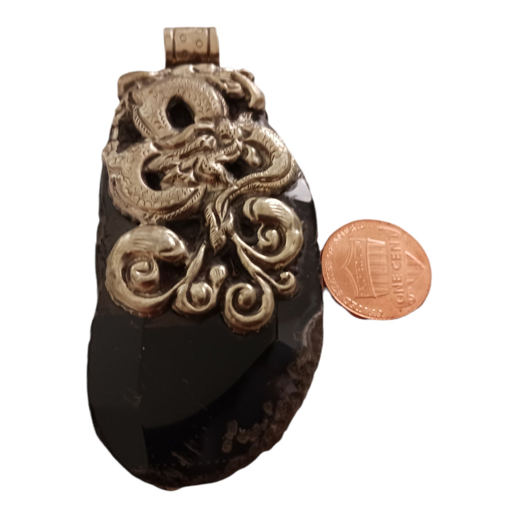 Unique OOAK Beautiful large freeform Tibetan dragon design agate gemstone pendant with deer reversible design - PM206F