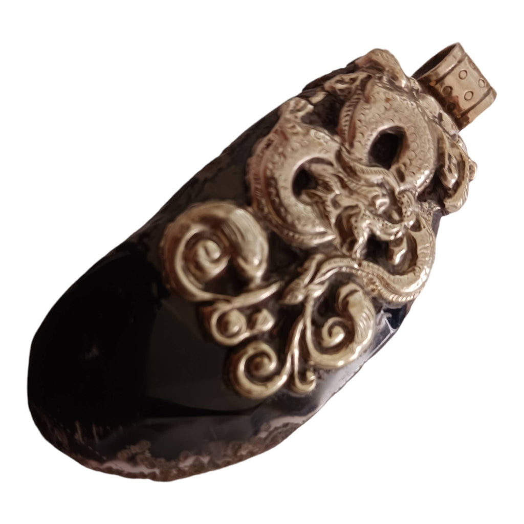 Unique OOAK Beautiful large freeform Tibetan dragon design agate gemstone pendant with deer reversible design - PM206F