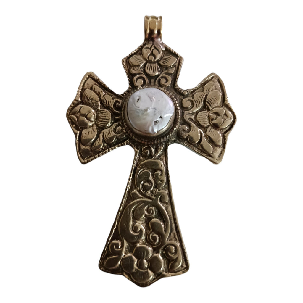 Tibetan pendant - 1 pendant - Beautiful Tibetan floral design cross pendant from Nepal with pearl inlay - PM210A
