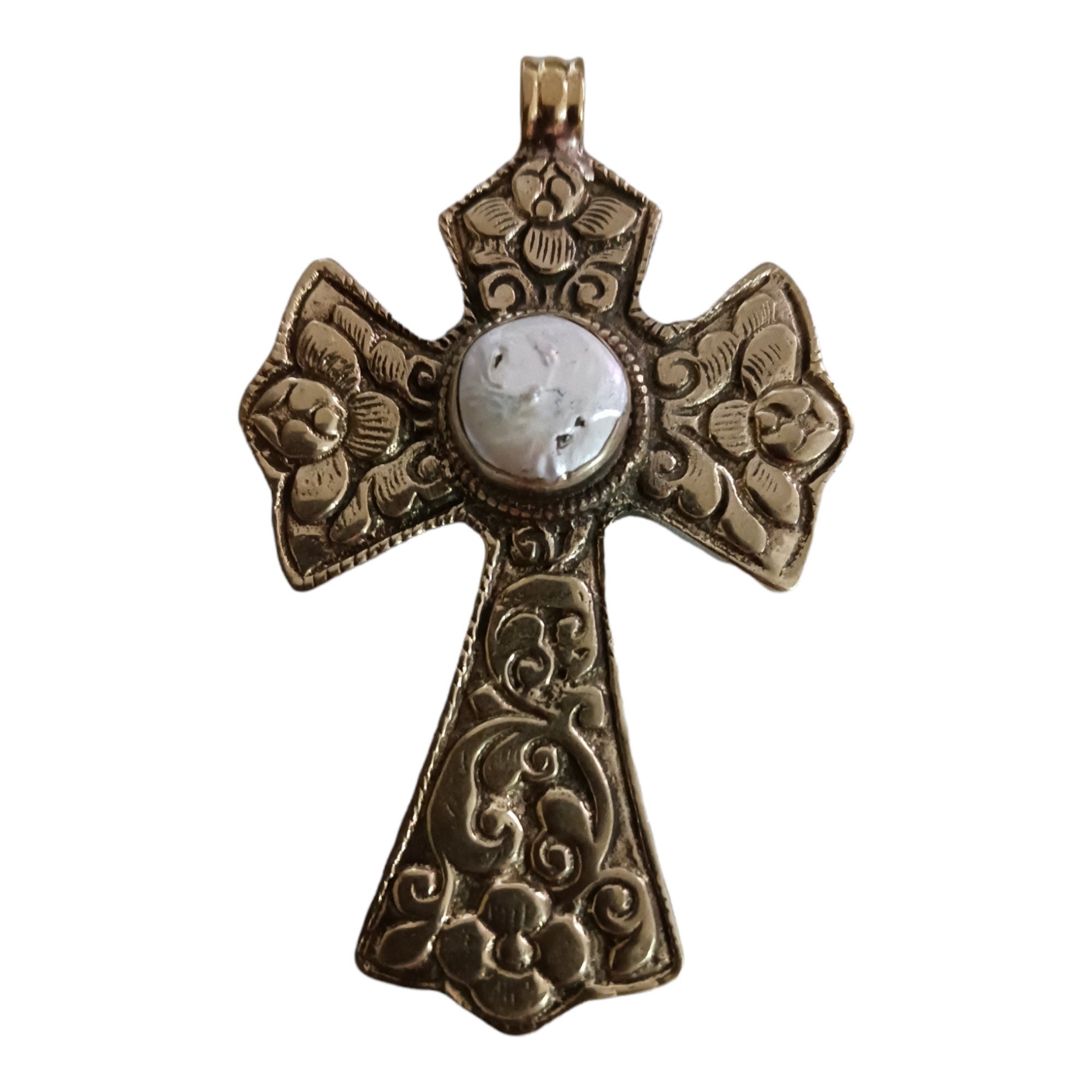 Tibetan pendant - 1 pendant - Beautiful Tibetan floral design cross pendant from Nepal with pearl inlay - PM210A