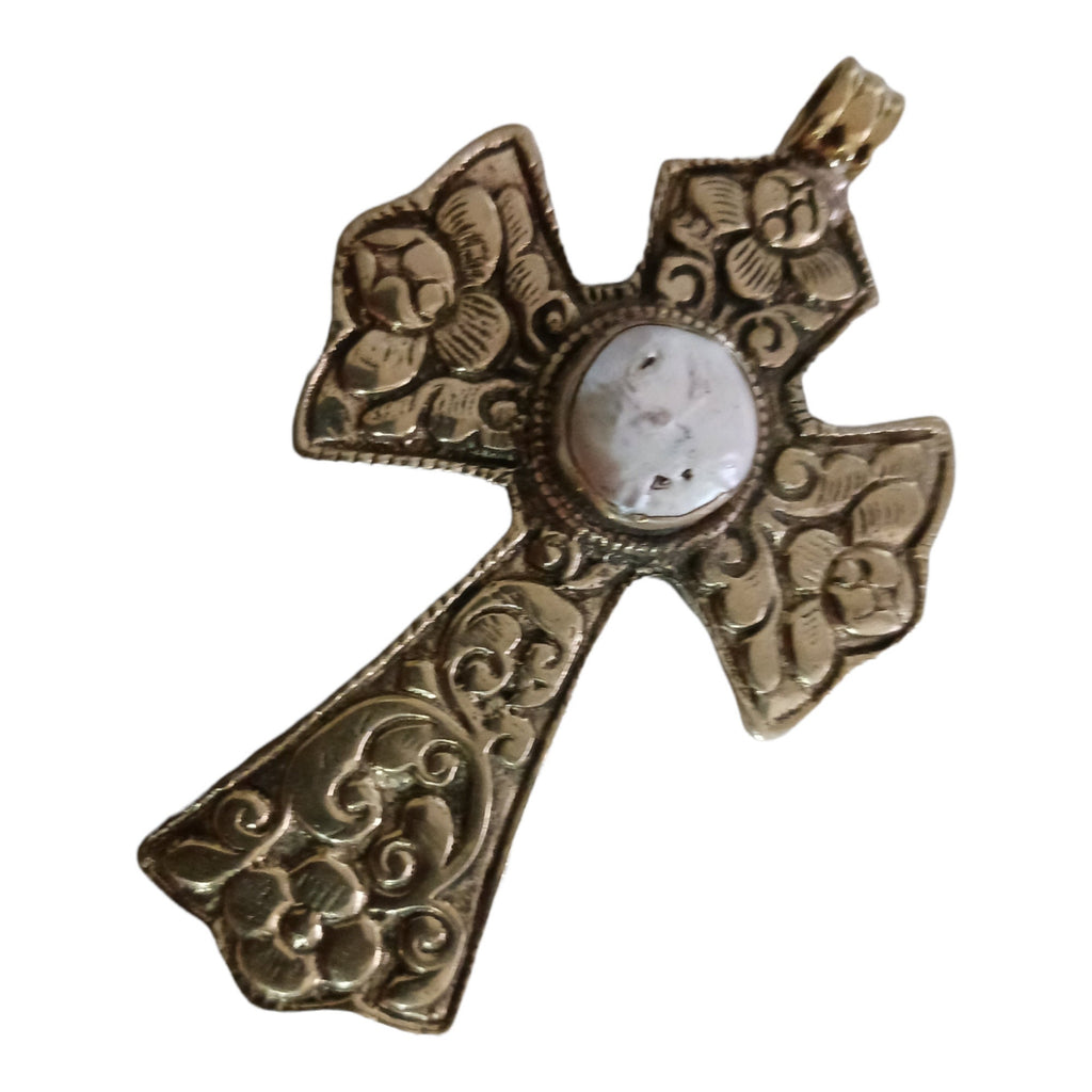 Tibetan pendant - 1 pendant - Beautiful Tibetan floral design cross pendant from Nepal with pearl inlay - PM210A