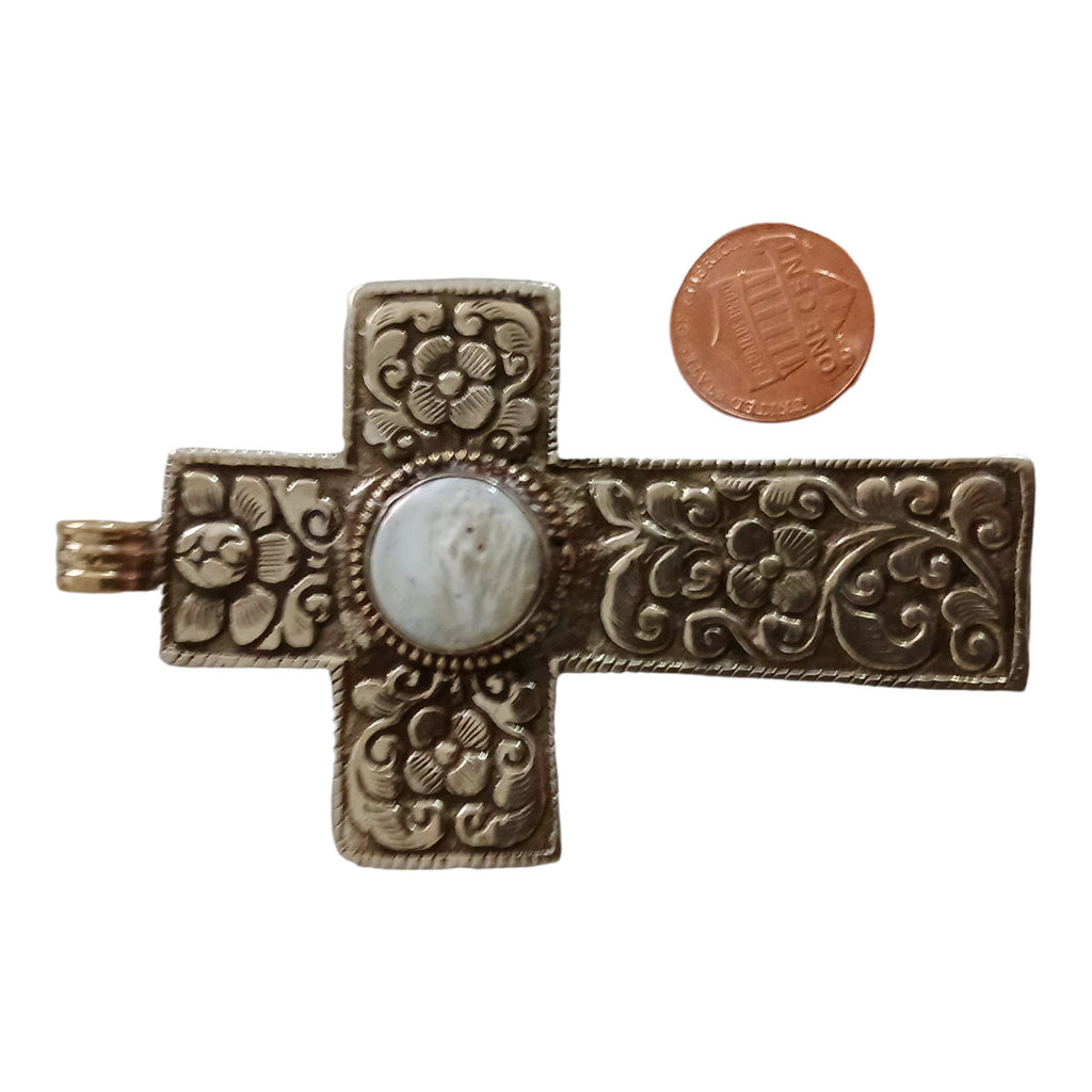 Tibetan pendant - 1 pendant - Large size Tibetan floral design cross pendant from Nepal with pearl inlay - PM210C