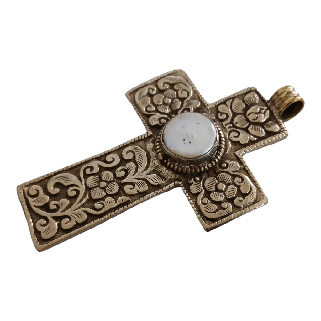 Tibetan pendant - 1 pendant - Large size Tibetan floral design cross pendant from Nepal with pearl inlay - PM210C