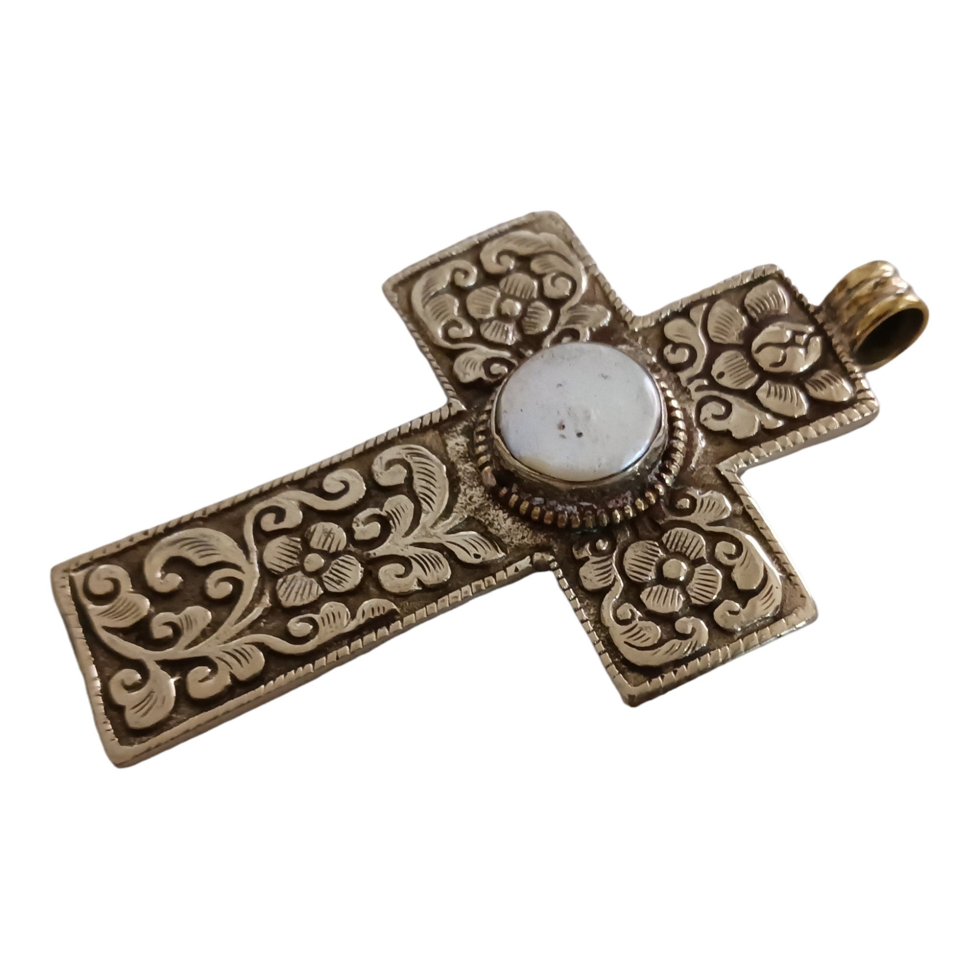 Tibetan pendant - 1 pendant - Large size Tibetan floral design cross pendant from Nepal with pearl inlay - PM210C