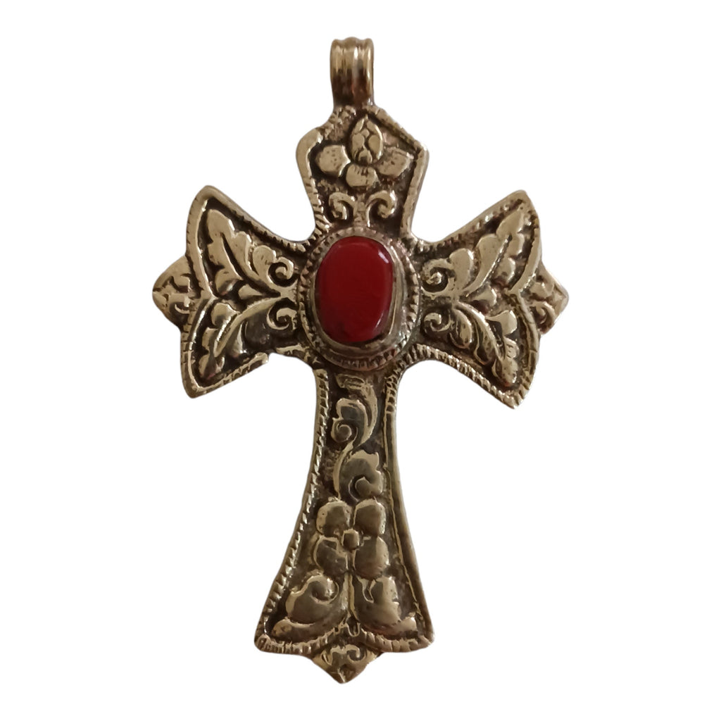 Tibetan cross pendant from Nepal with agate inlay floral design - PM210F