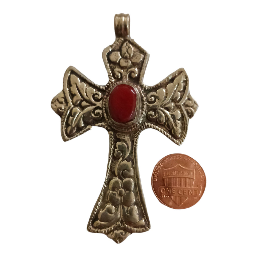 Tibetan cross pendant from Nepal with agate inlay floral design - PM210F
