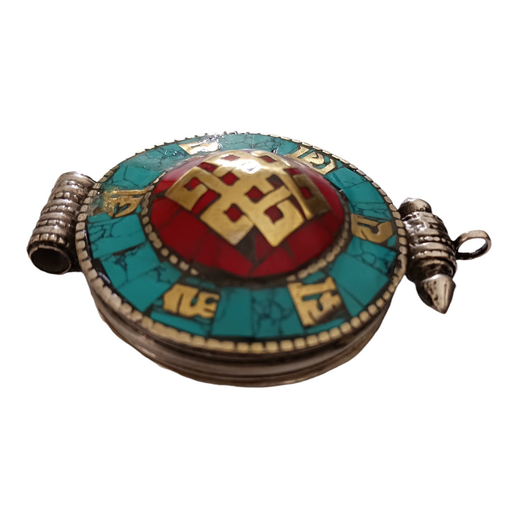 1 Pendant - Large big Ethnic Tibetan antiqued silver finish Ghau prayer box infinity knot pendant turquoise inlay - PM426B