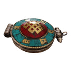 1 Pendant - Large big Ethnic Tibetan antiqued silver finish Ghau prayer box infinity knot pendant turquoise inlay - PM426B
