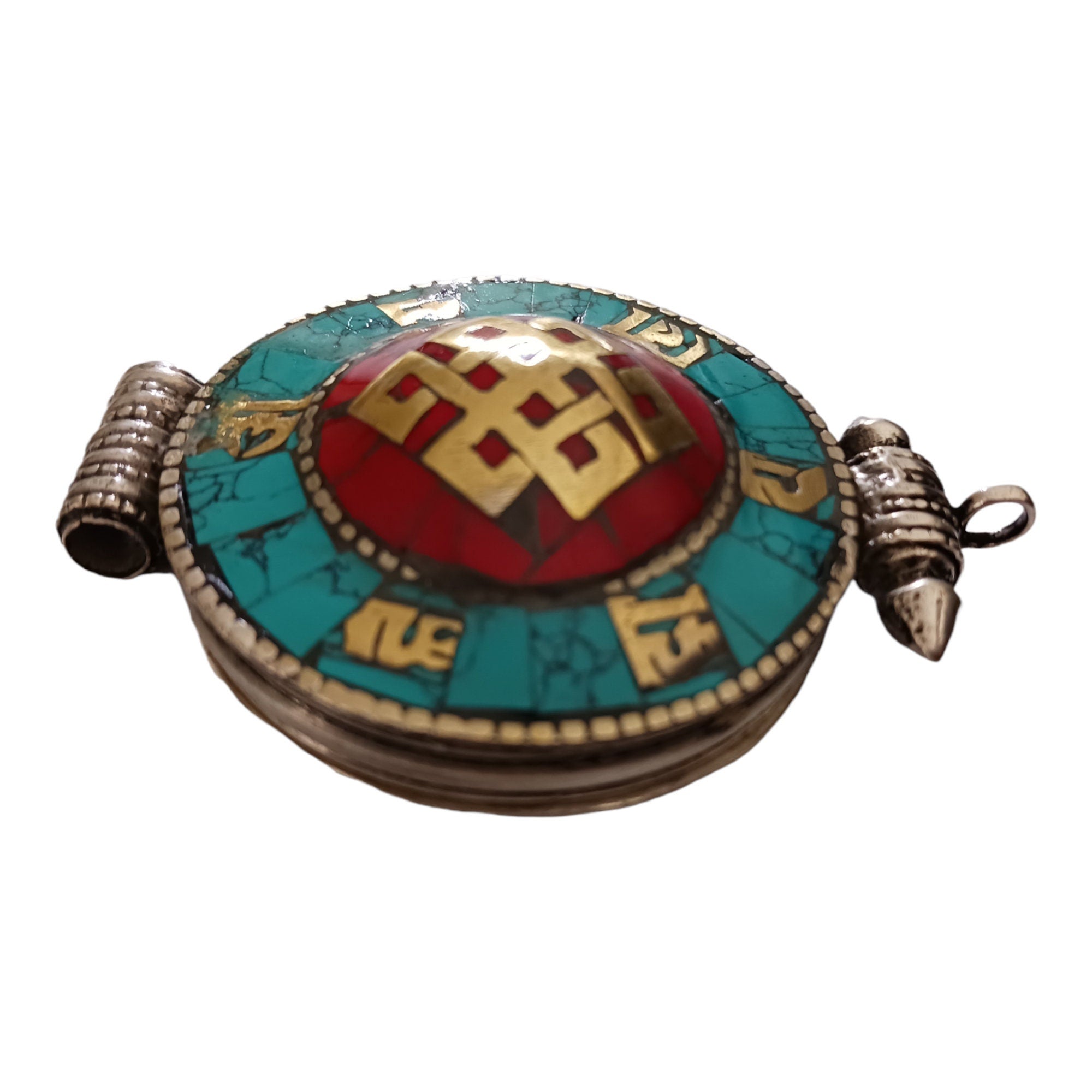 1 Pendant - Large big Ethnic Tibetan antiqued silver finish Ghau prayer box infinity knot pendant turquoise inlay - PM426B