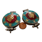 1 Pendant - Large big Ethnic Tibetan antiqued silver finish Ghau prayer box infinity knot pendant turquoise inlay - PM426B