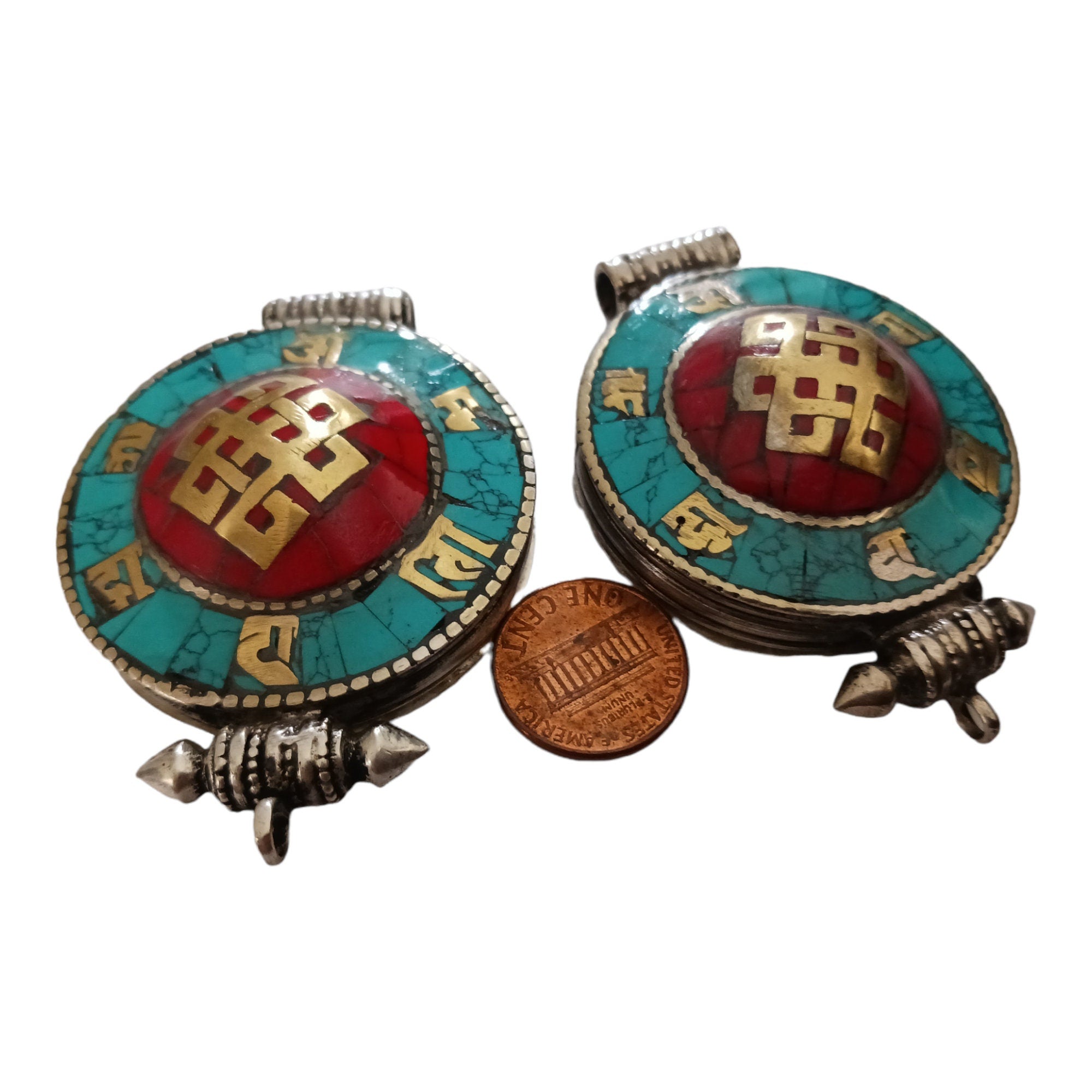 1 Pendant - Large big Ethnic Tibetan antiqued silver finish Ghau prayer box infinity knot pendant turquoise inlay - PM426B