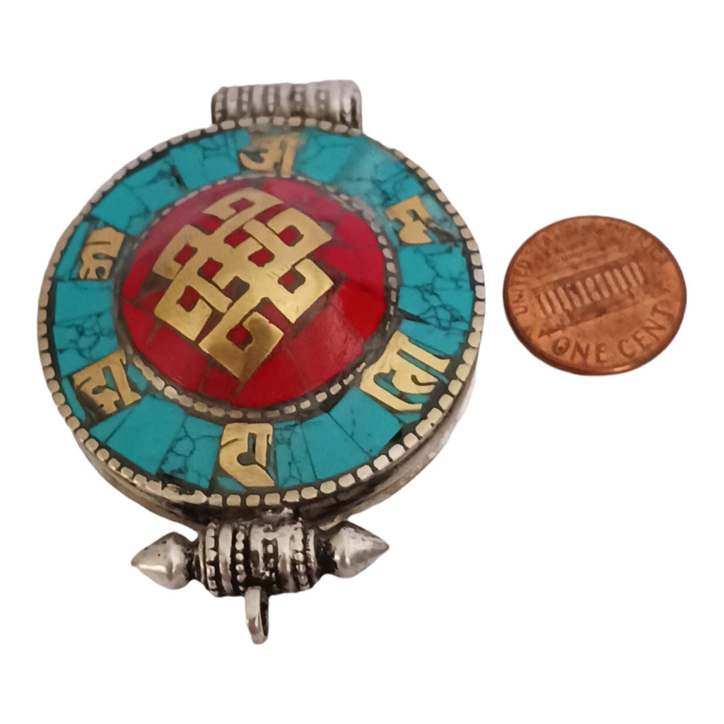 1 Pendant - Large big Ethnic Tibetan antiqued silver finish Ghau prayer box infinity knot pendant turquoise inlay - PM426B