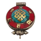 1 Pendant - Large big Ethnic Tibetan antiqued silver finish Ghau prayer box infinity knot pendant turquoise inlay - PM426D