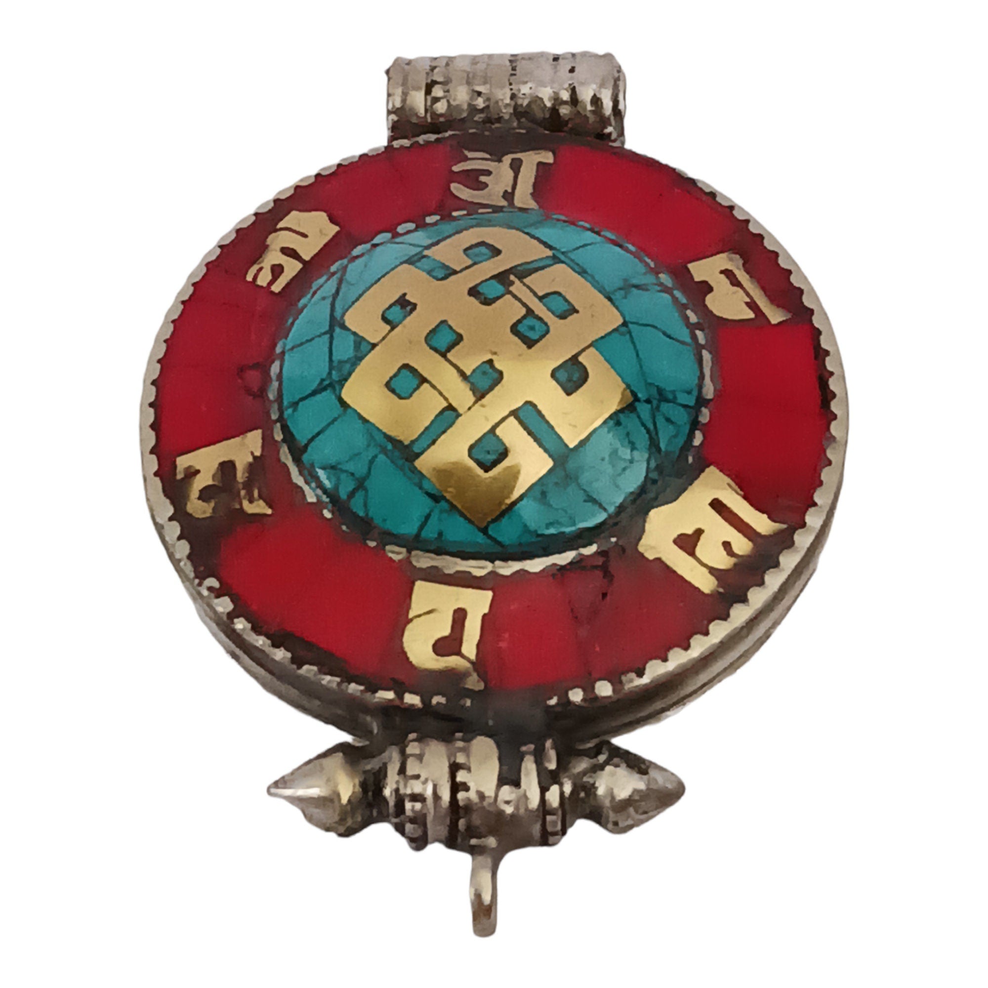 1 Pendant - Large big Ethnic Tibetan antiqued silver finish Ghau prayer box infinity knot pendant turquoise inlay - PM426D
