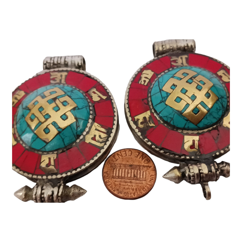 1 Pendant - Large big Ethnic Tibetan antiqued silver finish Ghau prayer box infinity knot pendant turquoise inlay - PM426D