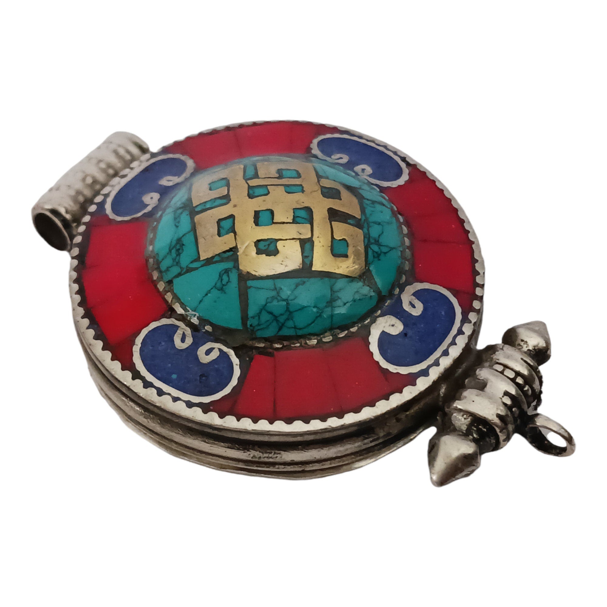 1 Pendant - Large big Ethnic Tibetan antiqued silver finish Ghau prayer box infinity knot pendant turquoise lapis inlay - PM426F