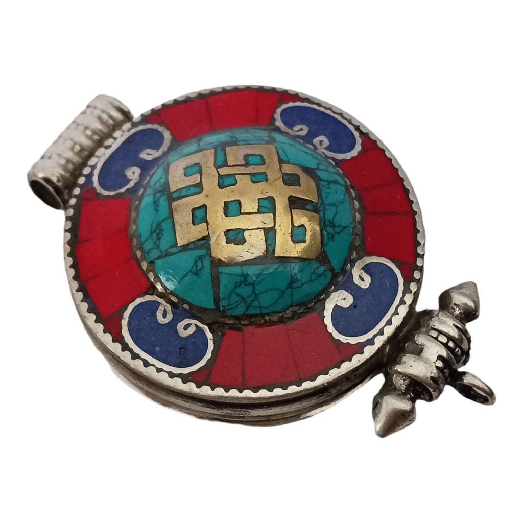 1 Pendant - Large big Ethnic Tibetan antiqued silver finish Ghau prayer box infinity knot pendant turquoise lapis inlay - PM426F