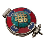 1 Pendant - Large big Ethnic Tibetan antiqued silver finish Ghau prayer box infinity knot pendant turquoise lapis inlay - PM426F