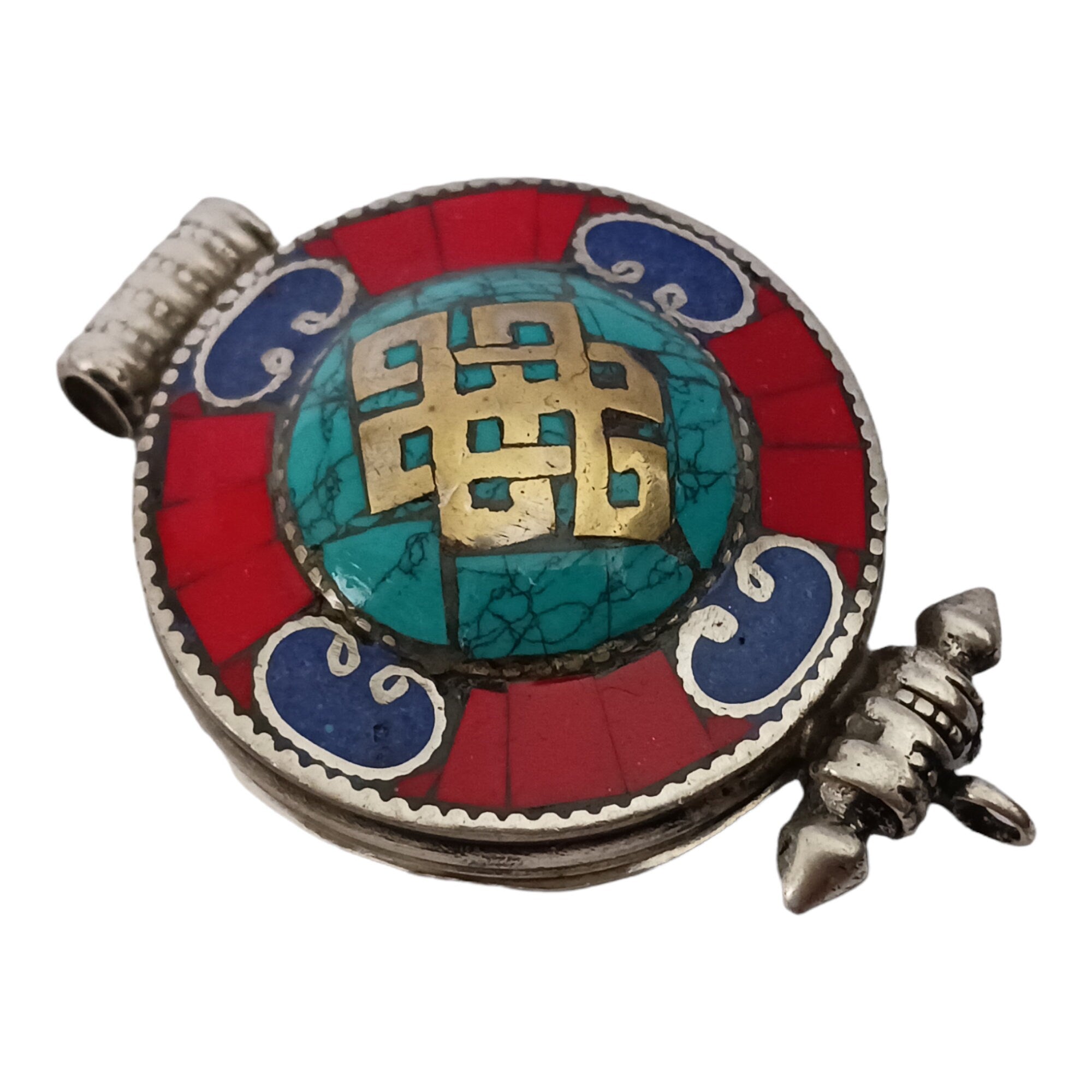 1 Pendant - Large big Ethnic Tibetan antiqued silver finish Ghau prayer box infinity knot pendant turquoise lapis inlay - PM426F