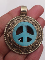 1 pendant - Beautiful round oval disc shape ethnic retro peace symbol Tibetan pendant blue - PM470A