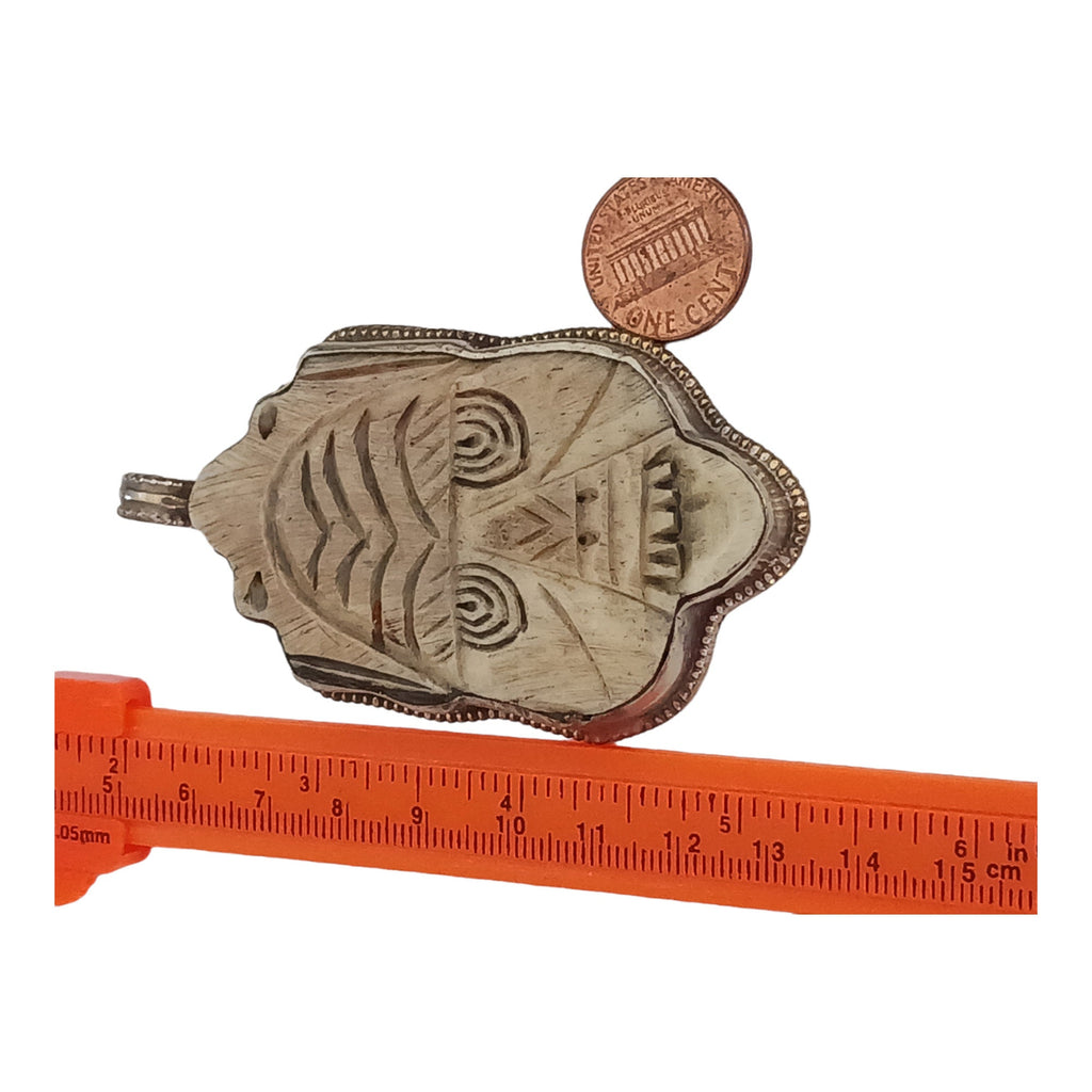 1 Pendant - Tribal carved face recycled cattle bone pendant with floral carving reverse side Nepal - PB006C