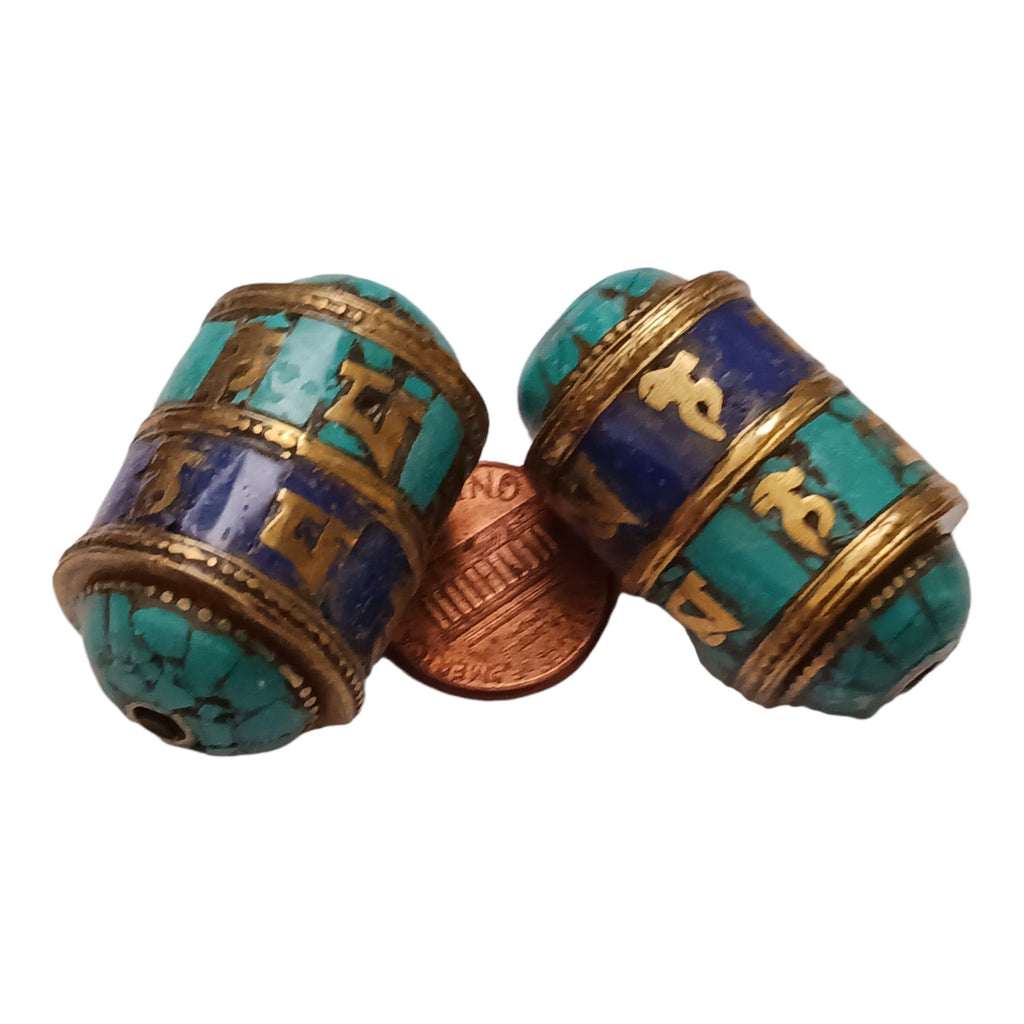 1 BEAD - Ethnic Tibetan om mantra scroll bead with turquoise lapis and brass inlay - BD831A