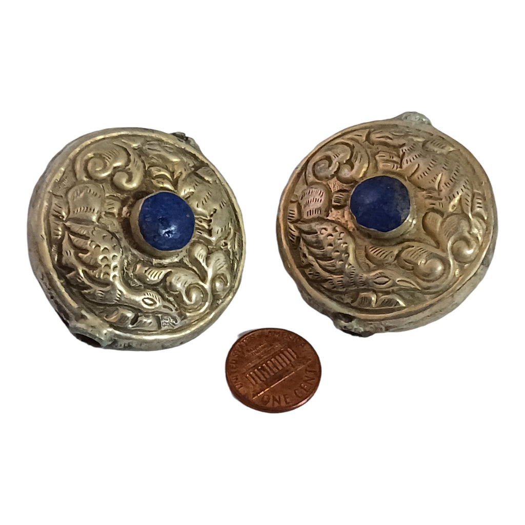 1 Bead - Reversible large Tibetan silver repousse Bead with lapis inlay on both sides - BD669C