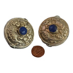 1 Bead - Reversible large Tibetan silver repousse Bead with lapis inlay on both sides - BD669C