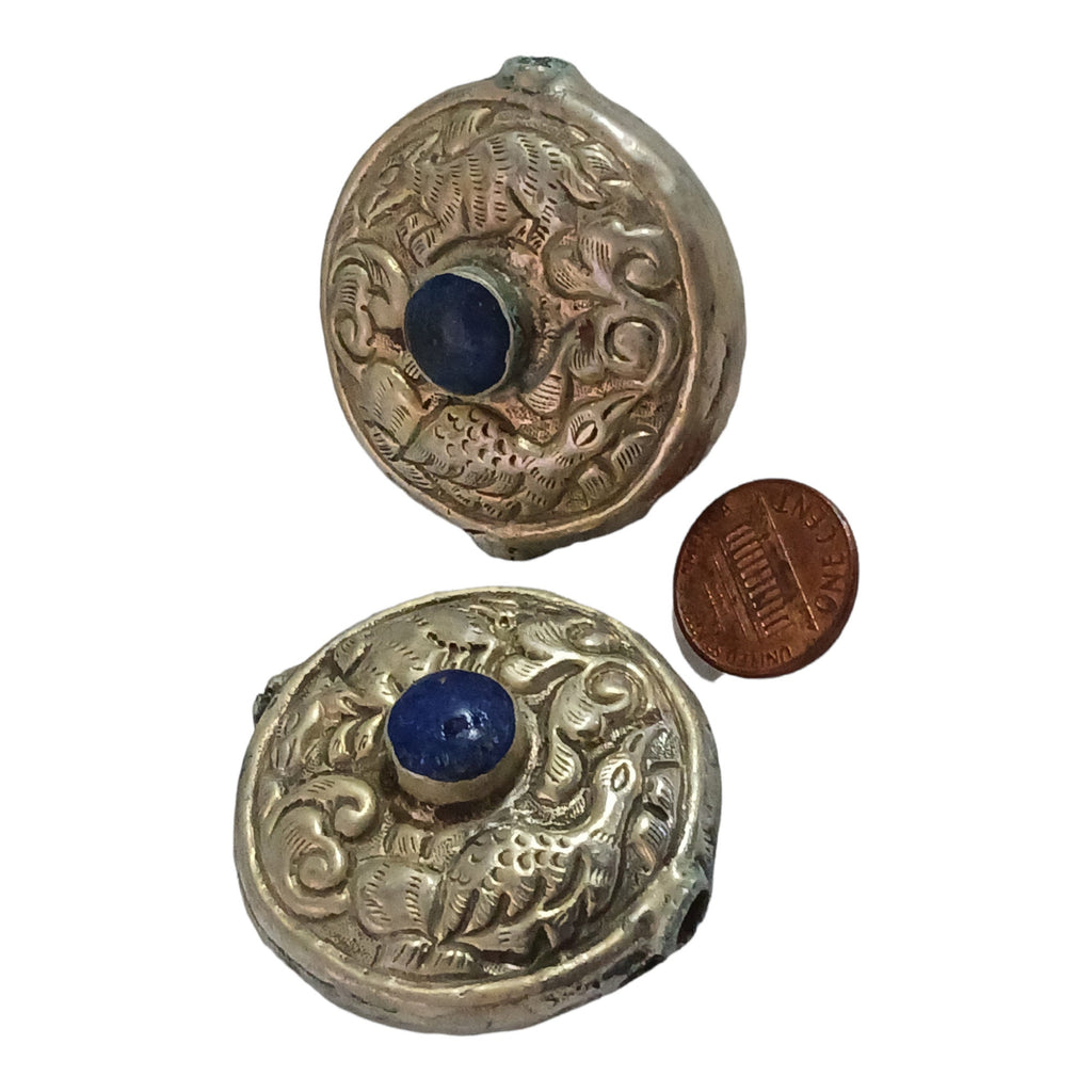 1 Bead - Reversible large Tibetan silver repousse Bead with lapis inlay on both sides - BD669C