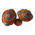 1 BEAD - Tibetan bead honey copal resin reversible beads inlaid with and turquoise Nepal beads - BD666B