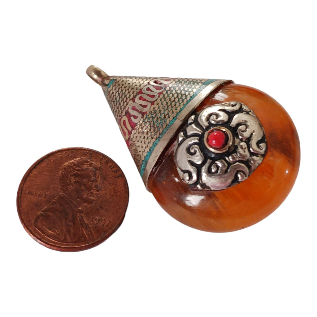 1 Pendant - Reversible Tibetan silver copal resin pendant with beautiful bail design - PM260K