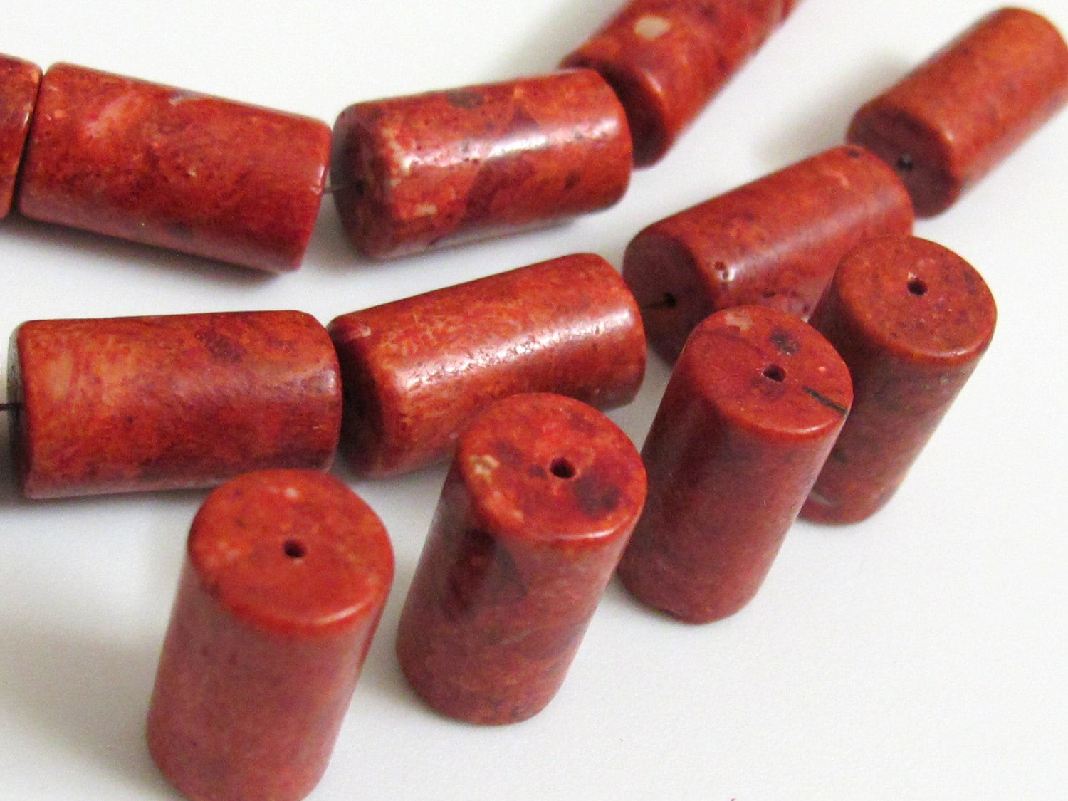 Red rustic sponge coral Barrel shape tube beads - 2 beads - GM023