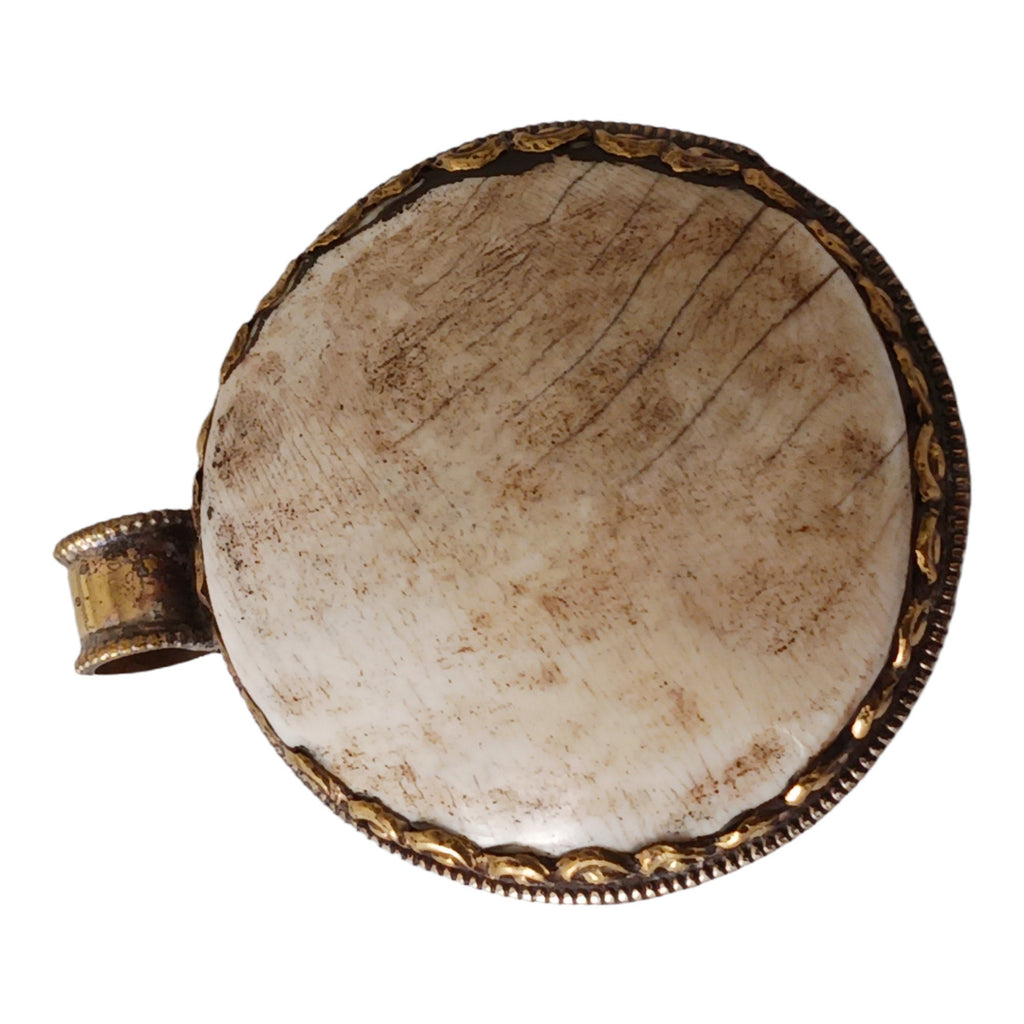 Oval shape Tibetan antiqued brass finish reversible naga conch shell tribal design pendant with reverse side phoenix bird carving - PM015B