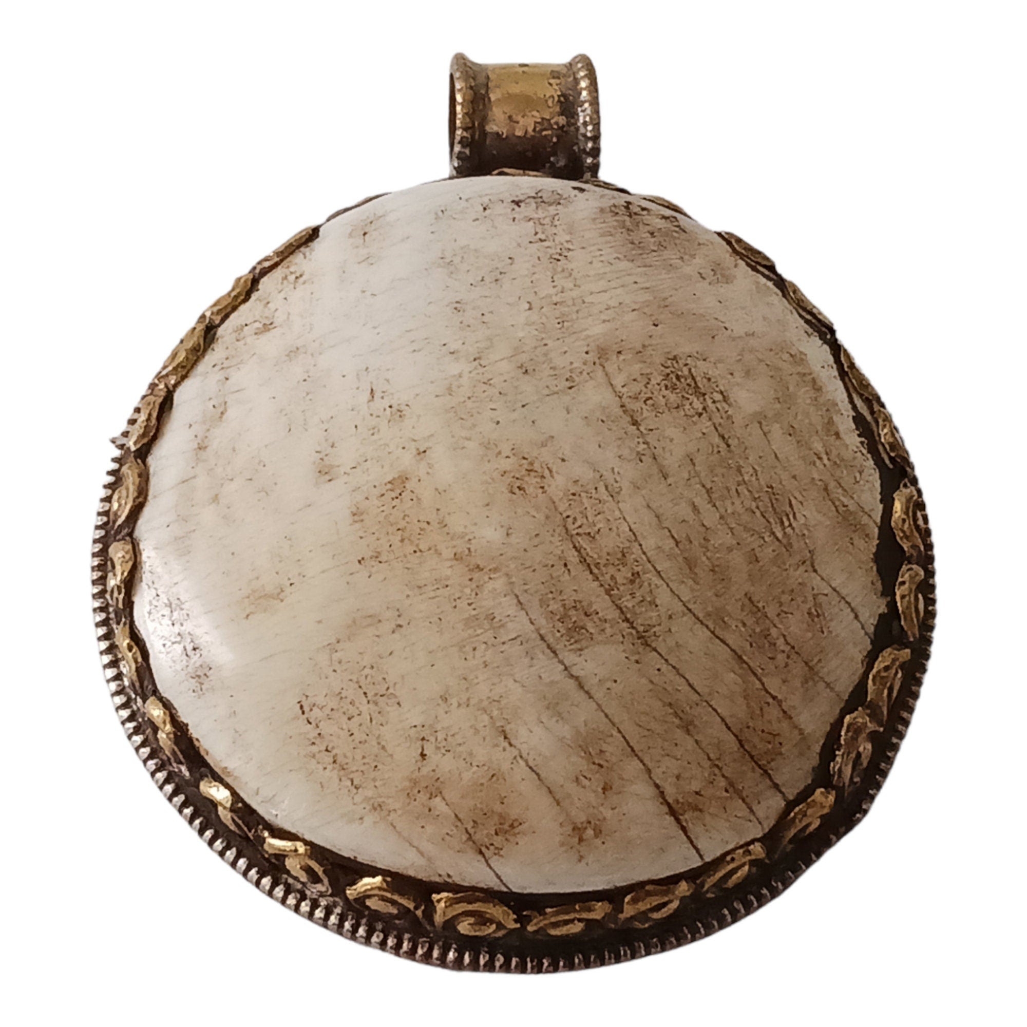 Oval shape Tibetan antiqued brass finish reversible naga conch shell tribal design pendant with reverse side phoenix bird carving - PM015B