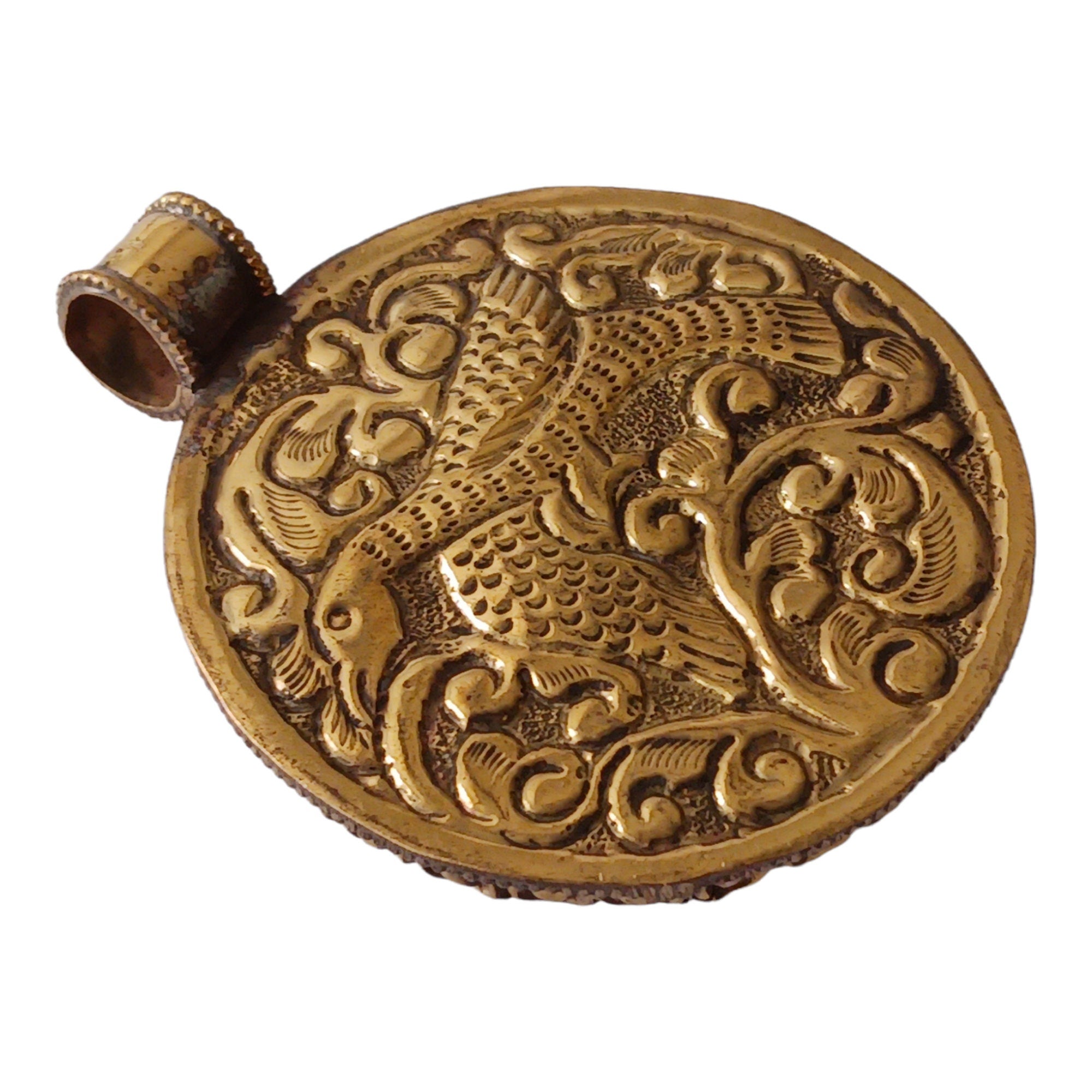 Oval shape Tibetan antiqued brass finish reversible naga conch shell tribal design pendant with reverse side phoenix bird carving - PM015B
