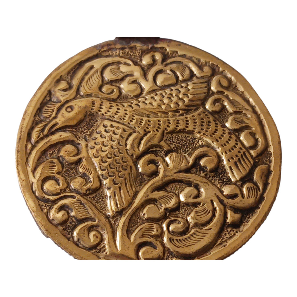 Oval shape Tibetan antiqued brass finish reversible naga conch shell tribal design pendant with reverse side phoenix bird carving - PM015B