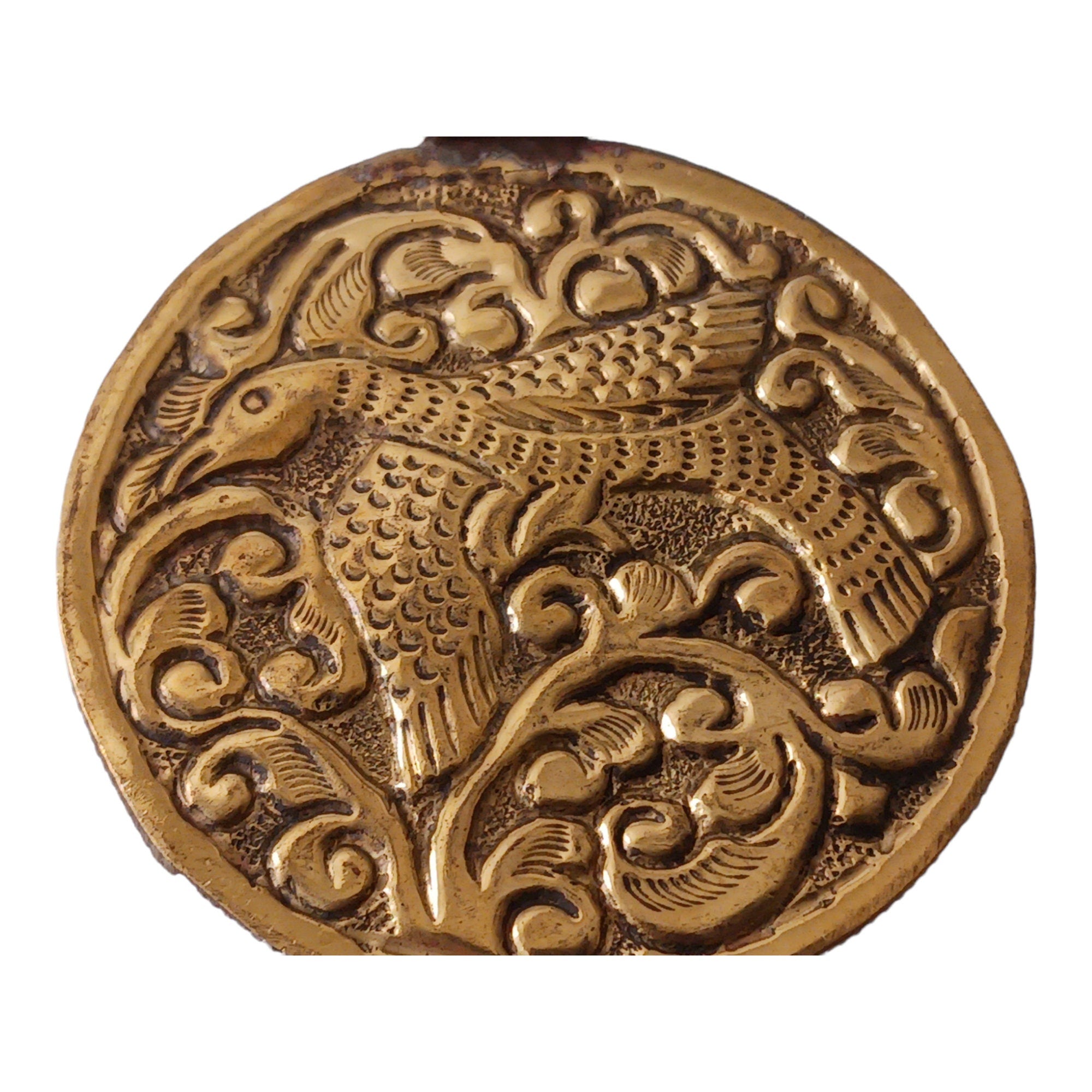Oval shape Tibetan antiqued brass finish reversible naga conch shell tribal design pendant with reverse side phoenix bird carving - PM015B