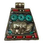 Tibetan Elephant Pendant | Trapezoid Shape Decorative Charm | Red & Blue Inlay Design | Antiqued Silver Finish Alloy | Nepal PM283