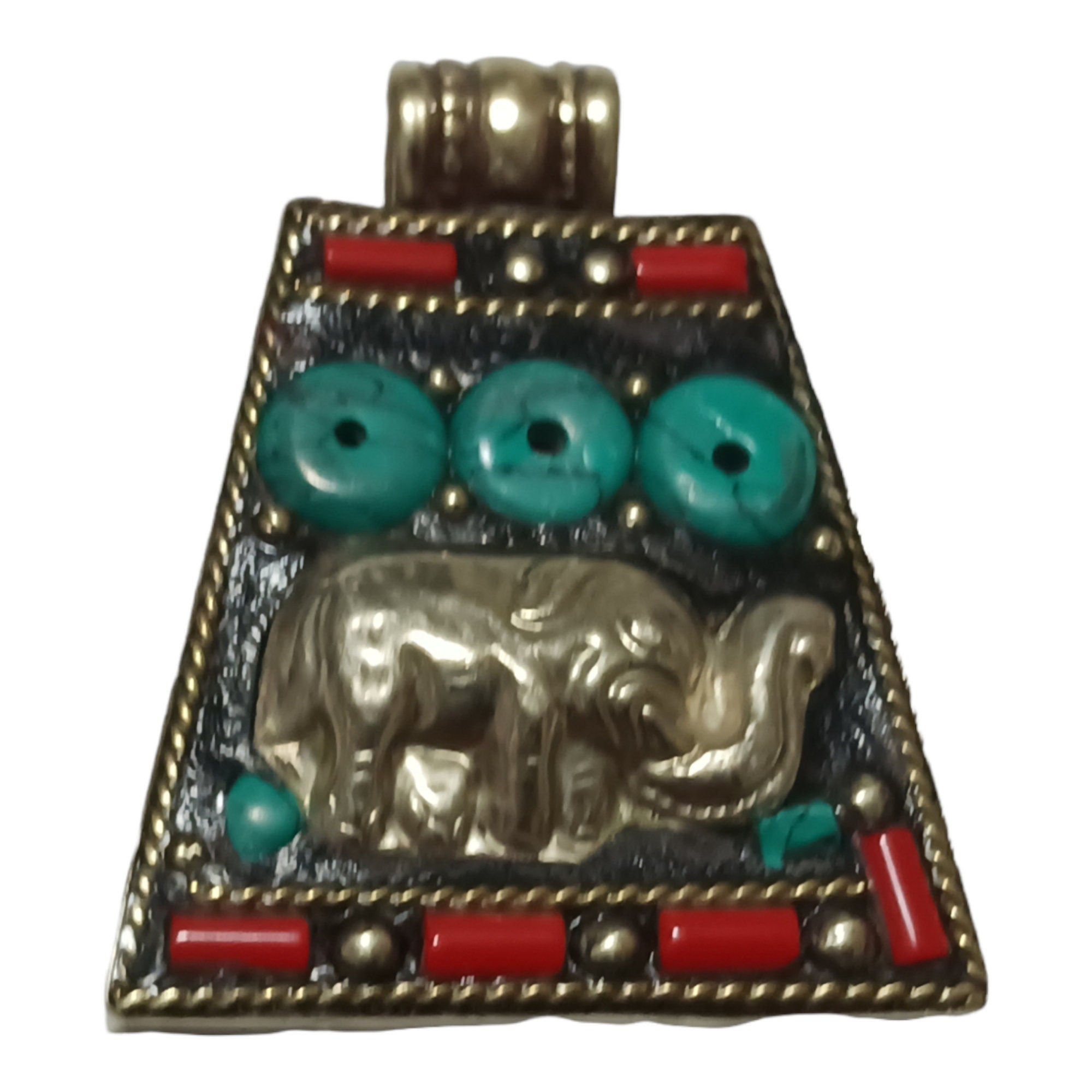 Tibetan Elephant Pendant | Trapezoid Shape Decorative Charm | Red & Blue Inlay Design | Antiqued Silver Finish Alloy | Nepal PM283