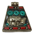 Tibetan Elephant Pendant | Trapezoid Shape Decorative Charm | Red & Blue Inlay Design | Antiqued Silver Finish Alloy | Nepal PM283