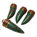 1 pendant - Tibetan brass tribal pendant floral design with turquoise inlay - PM405M