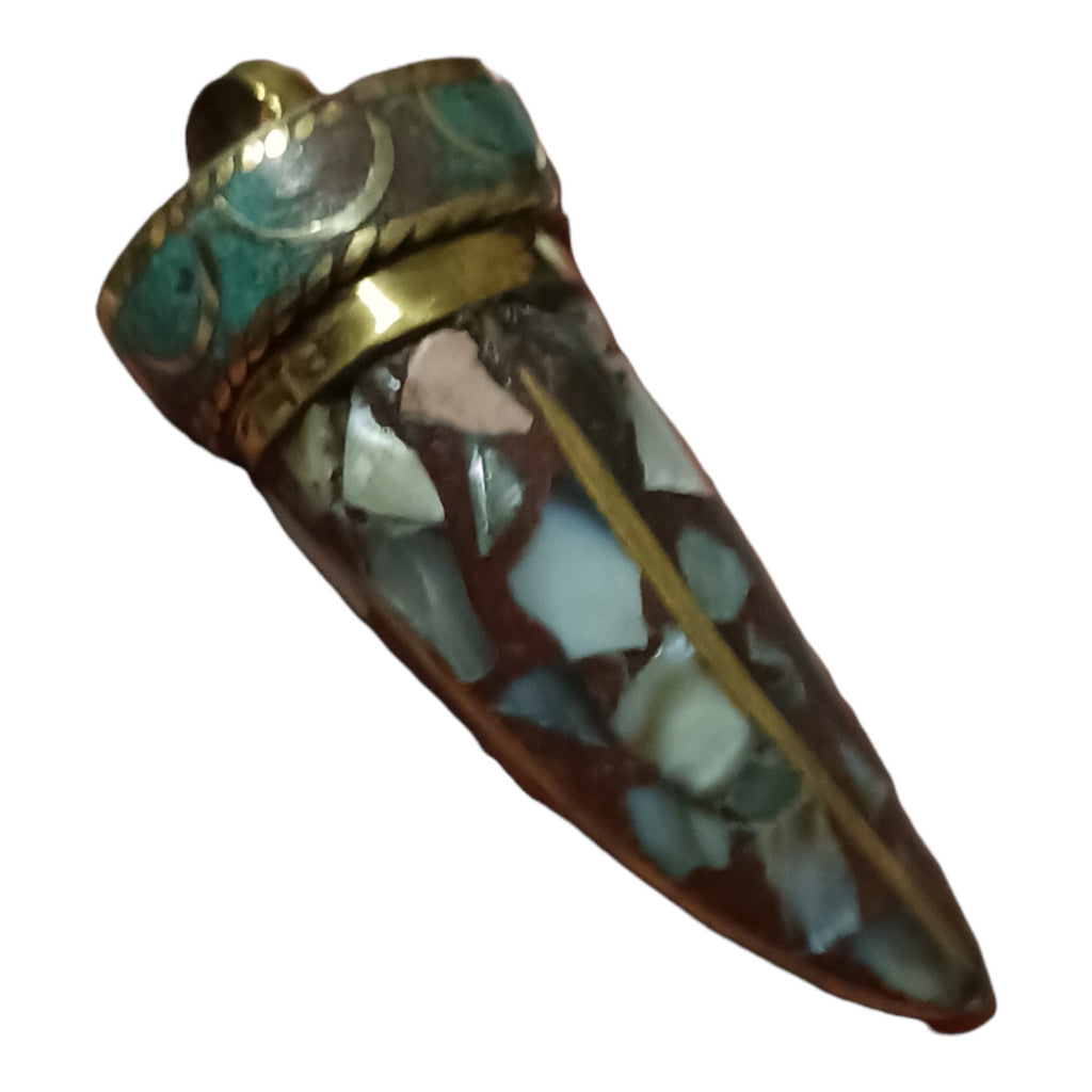 1 Pendant - Tibetan horn shape Brass pendant with MOP shell inlay - PM405H