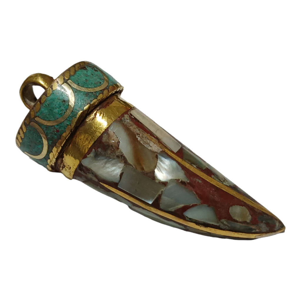 1 Pendant - Tibetan horn shape Brass pendant with MOP shell inlay - PM405H