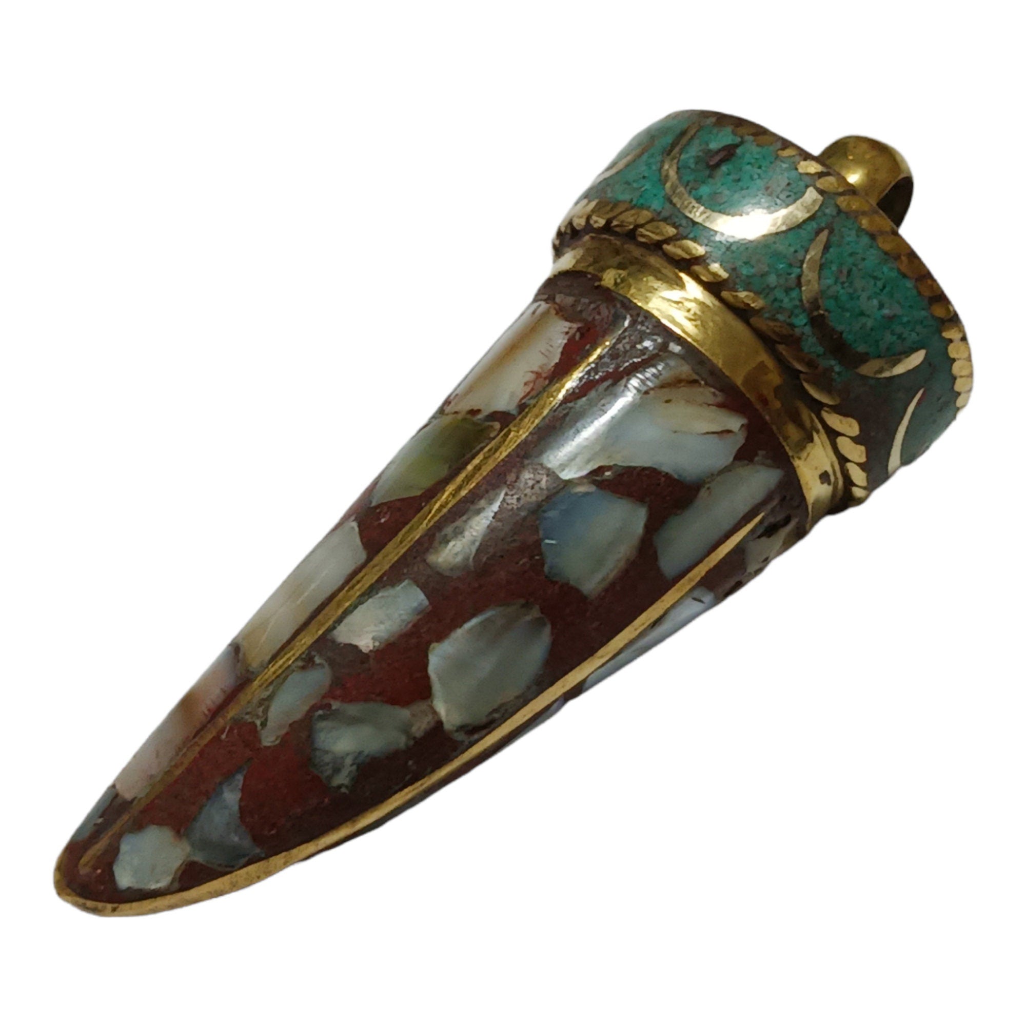 1 Pendant - Tibetan horn shape Brass pendant with MOP shell inlay - PM405H